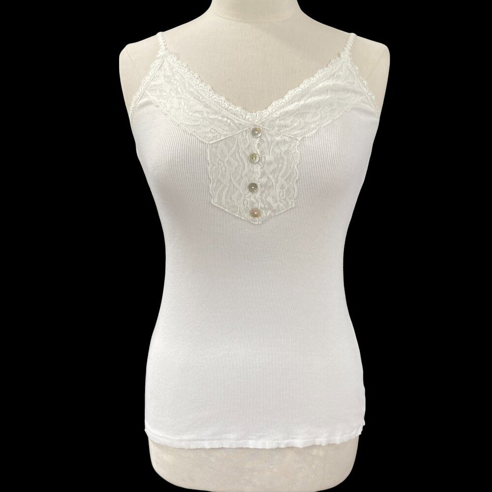 POL Y2K Ribbed Lace Trim Henley Tank Top Ivory Boho Coquette Fitted Cottage-M